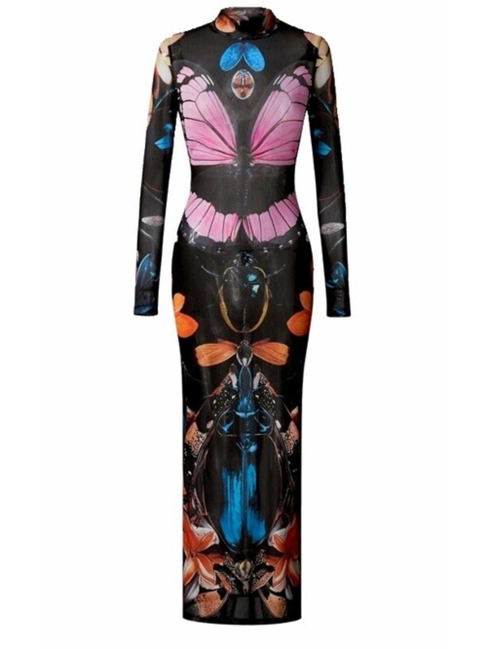 JW PEI Women’s Mock Neck Sheer Mesh Butterfly Graphic Long Sleeve Maxi 4